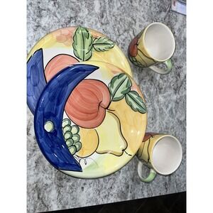 BELLA CERAMICA Alfresco Dinner Plate Hand Painted  10 3/4"-Decor 2 Plates 2 Mugs